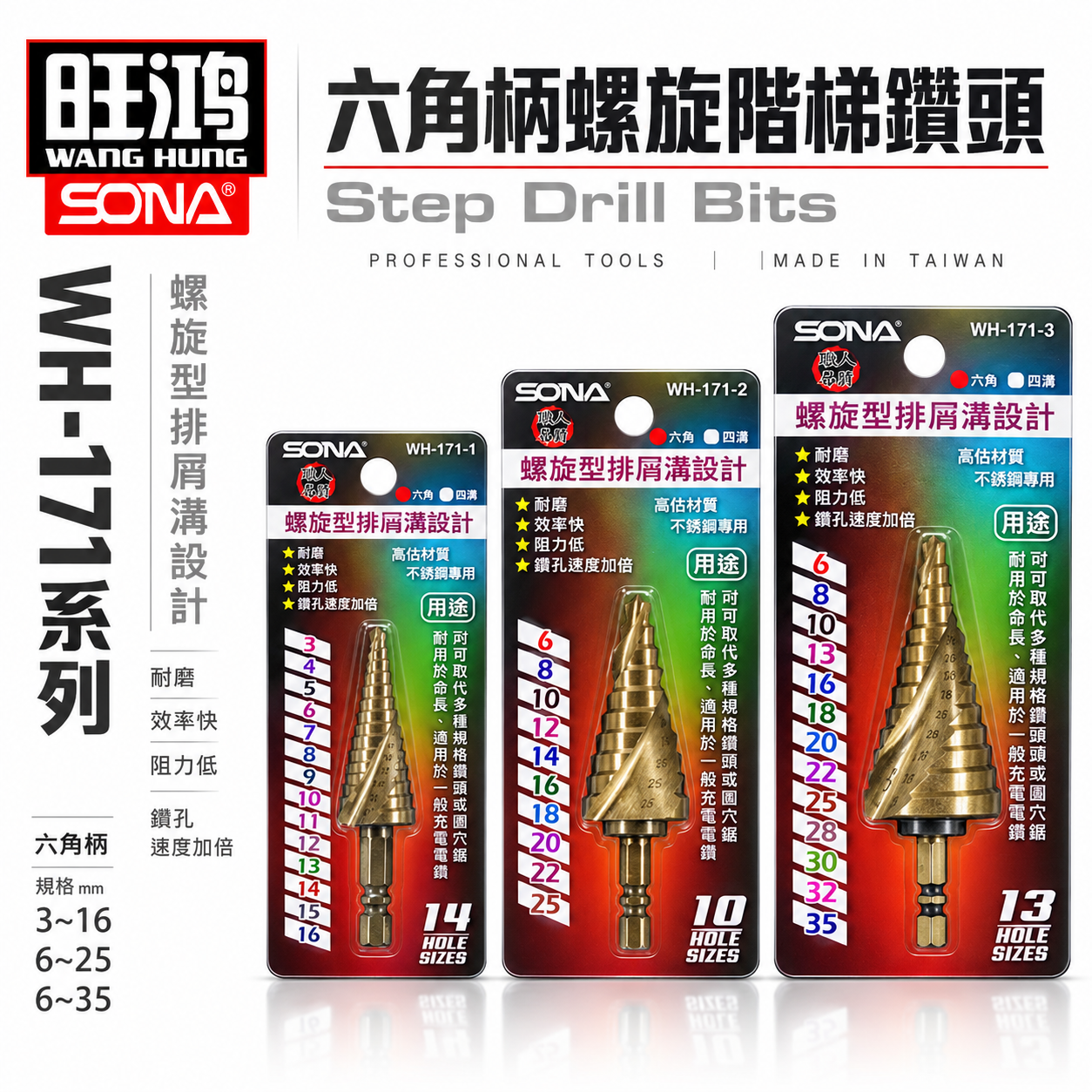 SONA 旺鴻｜HSS 高鈷六角柄螺旋式階梯鑽 不鏽鋼白鐵用階梯鑽尾 階梯鑽頭 六角軸圓穴鑽尾｜WH-171