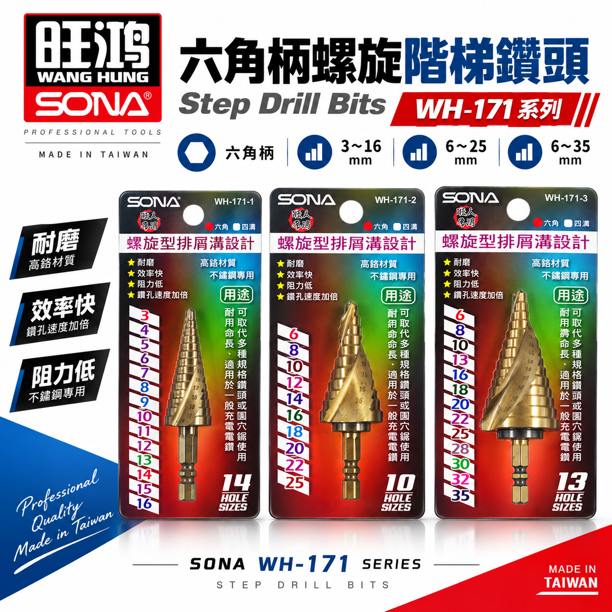 SONA 旺鴻｜HSS 高鈷六角柄螺旋式階梯鑽 不鏽鋼白鐵用階梯鑽尾 階梯鑽頭 六角軸圓穴鑽尾｜WH-171