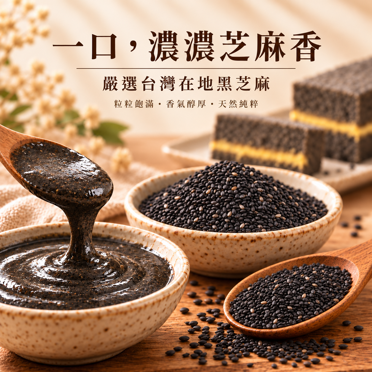 台灣在地黑芝麻與濃郁黑芝麻醬特寫，呈現米樂客黑金豆香米蛋糕的食材特色