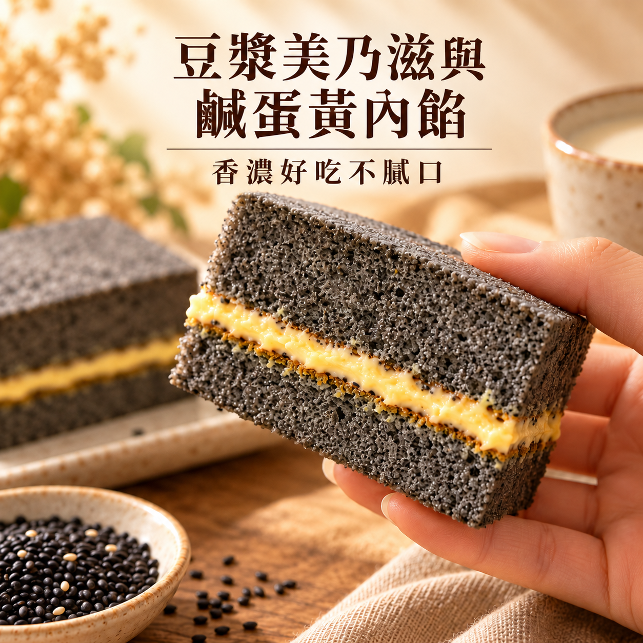米樂客黑金豆香米蛋糕，豆漿與黃豆搭配黑芝麻蛋糕切面，呈現綿密口感