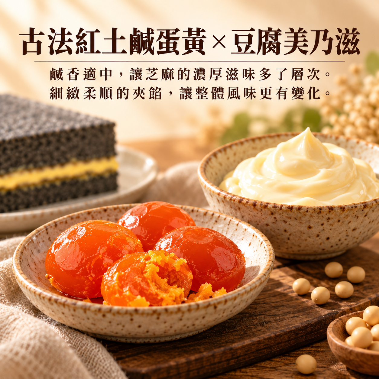 古法紅土鹹蛋黃與豆腐美乃滋食材特寫，米樂客黑金豆香米蛋糕的鹹香夾餡特色