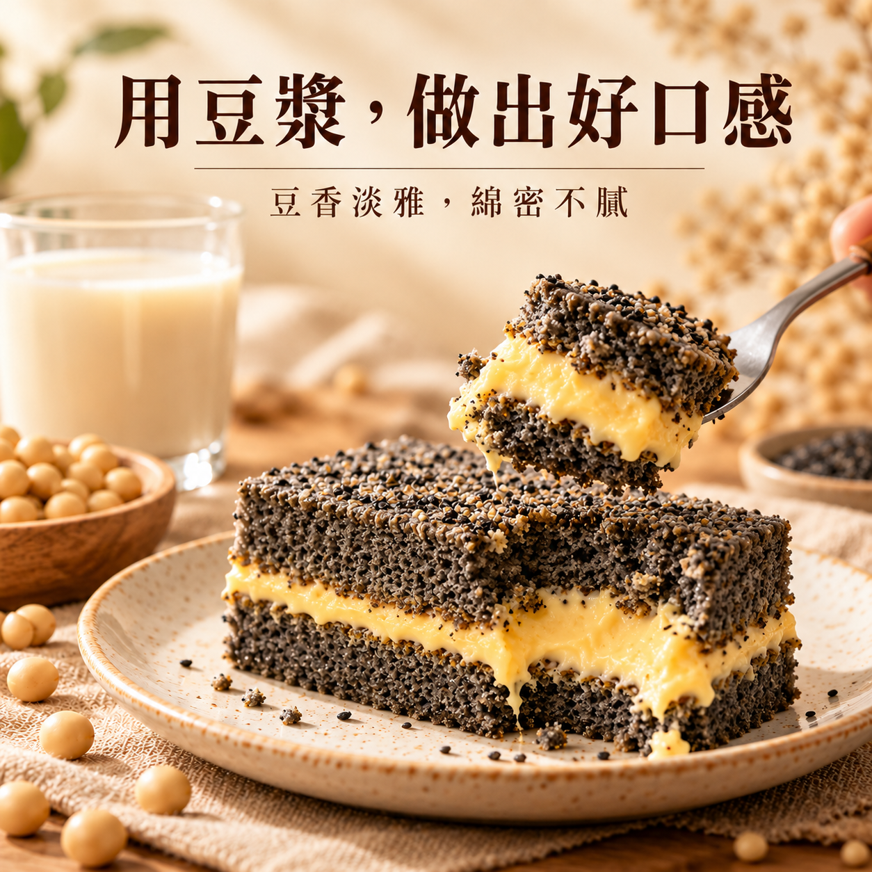 叉子取起黑金豆香米蛋糕一口切塊，搭配豆漿，呈現黑芝麻蛋糕與鹹香夾餡