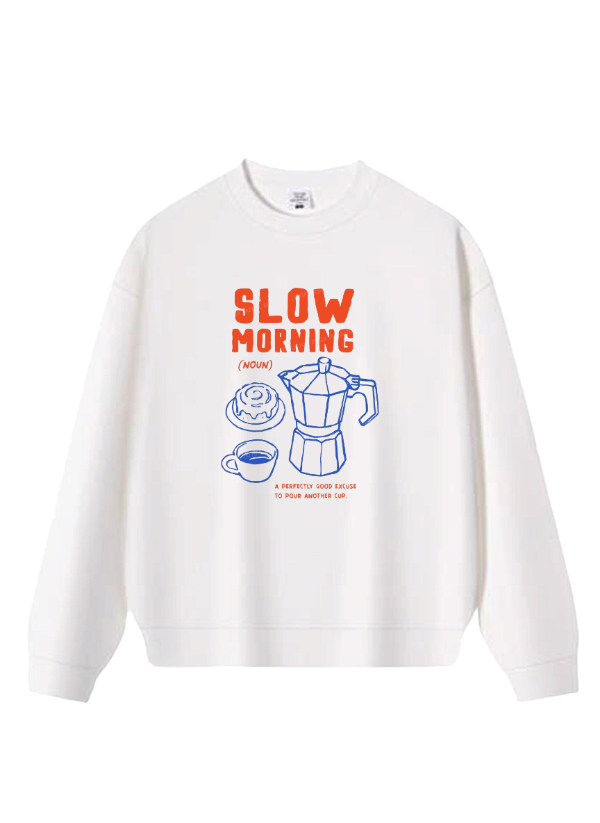 SLOW MORNING 復古插畫★韓系慢活咖啡印花大學T