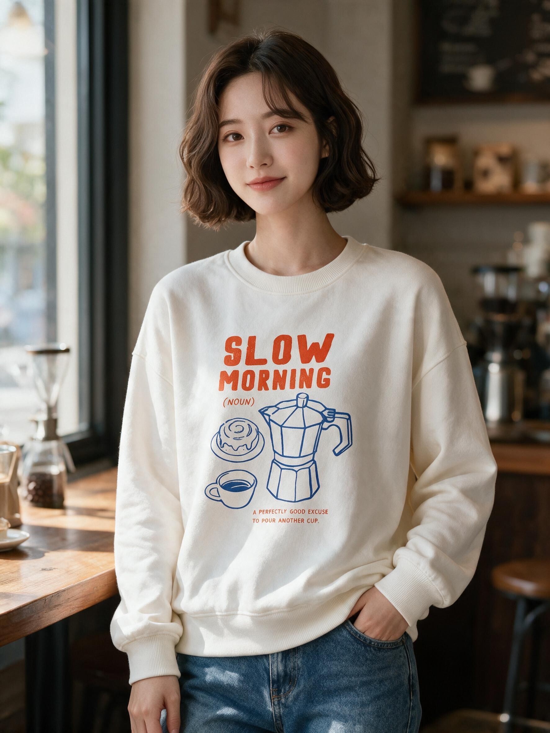 SLOW MORNING 復古插畫★韓系慢活咖啡印花大學T