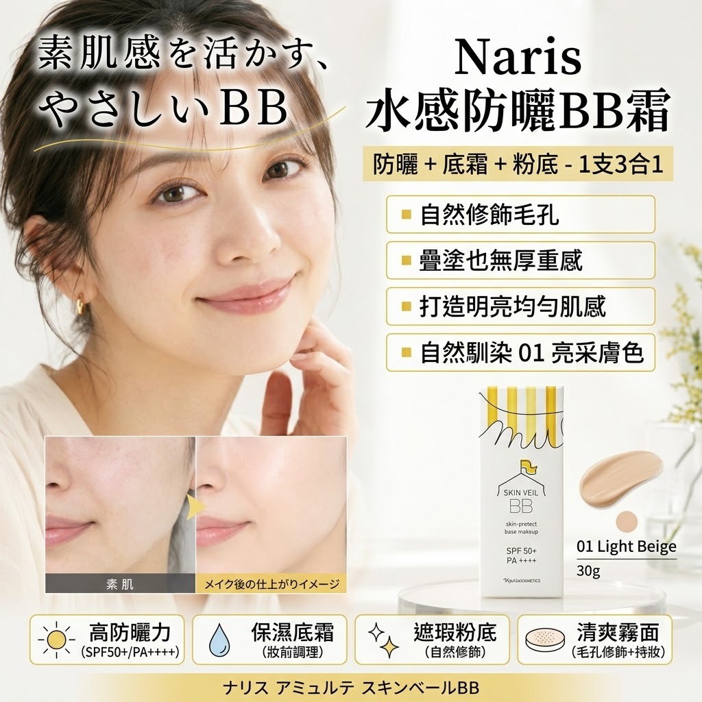 日本製NARIS AMULTE水感防曬BB霜 防曬+隔離+粉底液BB霜30g  SPF50+ PA++++防水防汗控油  清爽型 30g(J2610 NA803)