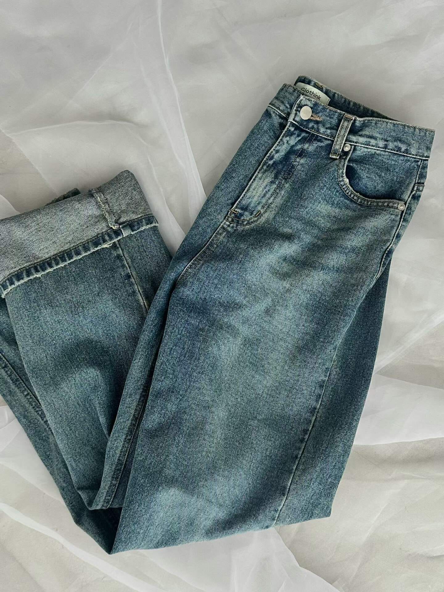 PN7205 復古水洗藍高腰寬牛仔褲