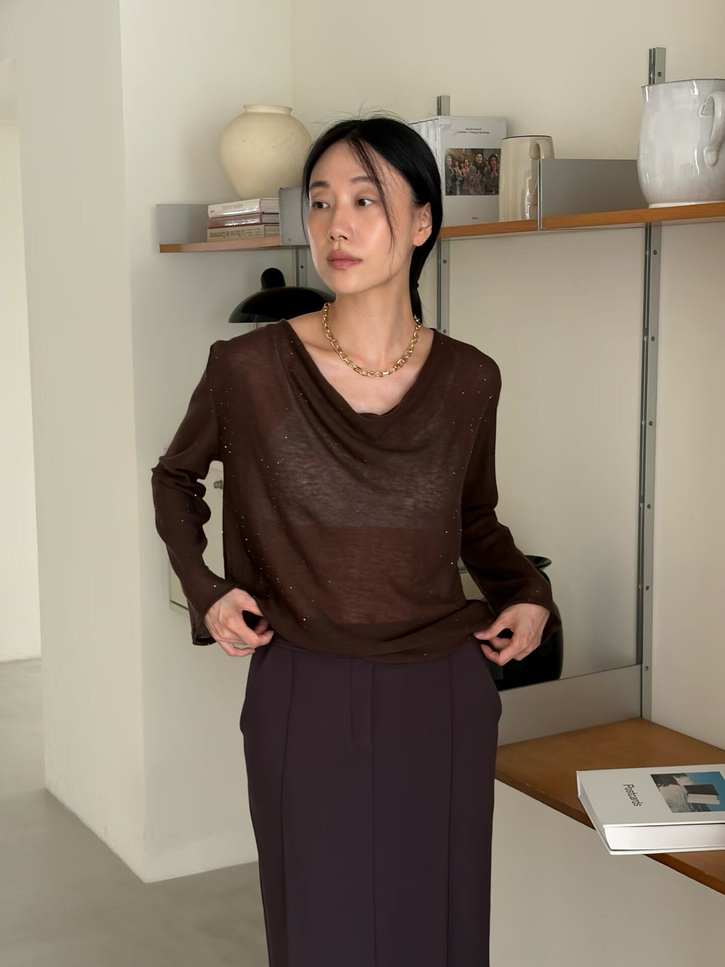 LW7232 盪領透視長袖針織上衣