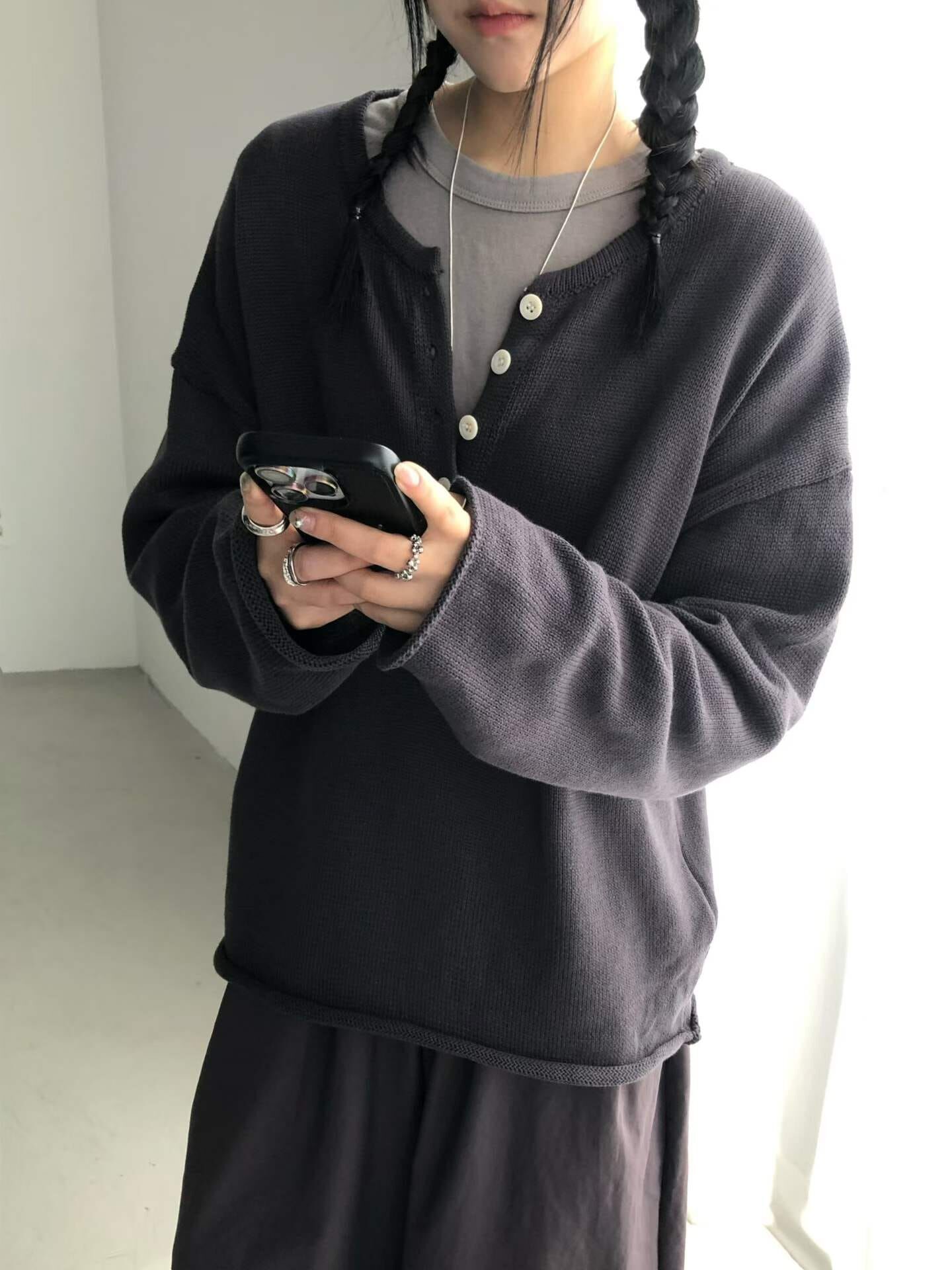 PN7251 亨利領捲邊針織上衣