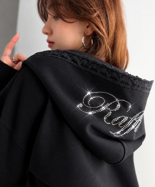 日本🇯🇵連線 Mily Bilet 蕾絲閃耀水鑽Logo連帽衫 連帽外套 水鑽 蕾絲 短版 雙拉鏈 連帽 外套 長袖 3色(任買兩件711免運)/預購