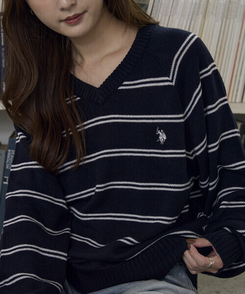日本🇯🇵連線 U.S. POLO ASSN. X PUBLUX 刺繡撞色V領條紋針織套頭衫 針織 針織衫 條紋 長袖 刺繡 3色(任買兩件711免運)/預購