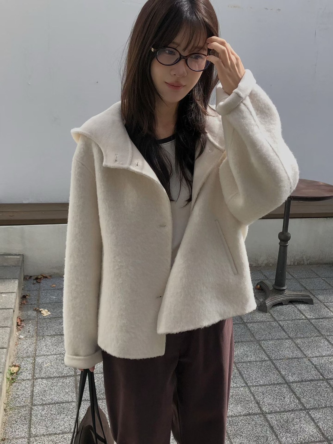 連帽開釦手工羊絨外套