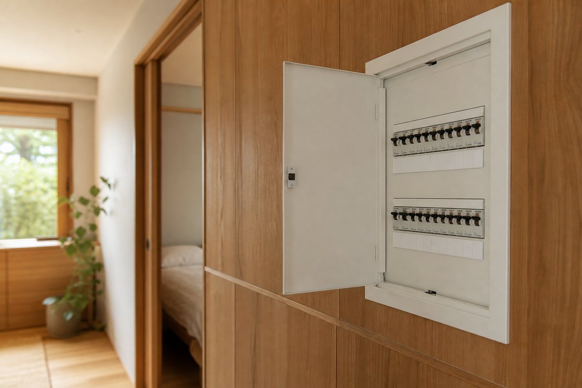 日系住宅玄關旁的白色室內配電箱門片打開,整齊排列的無熔絲開關與手寫迴路標示貼紙,暖色木質牆面與自然光