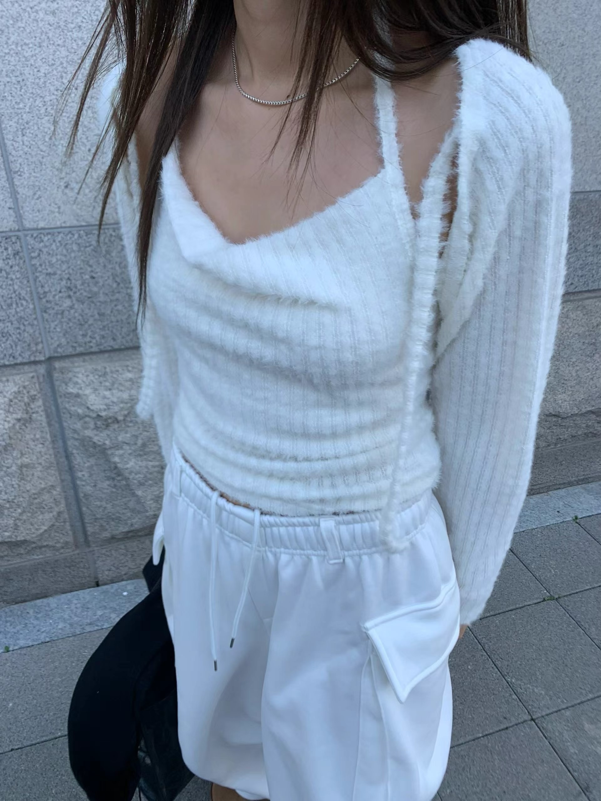 毛毛繞頸背心+外套set