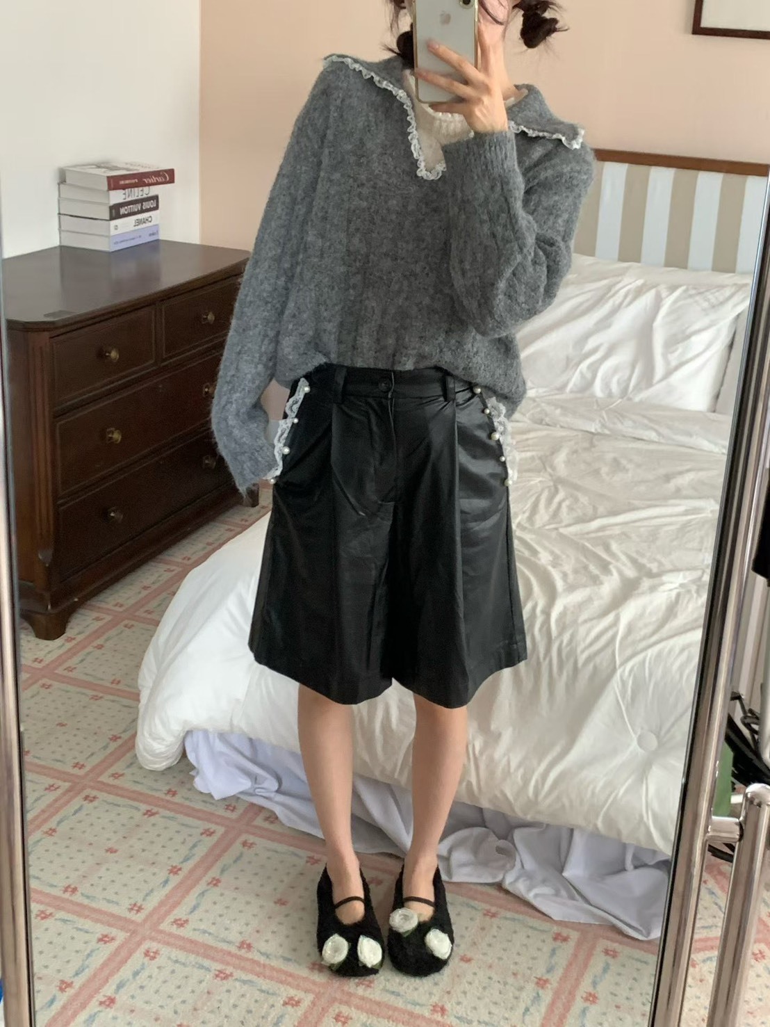 黑色小珍珠pu五分褲