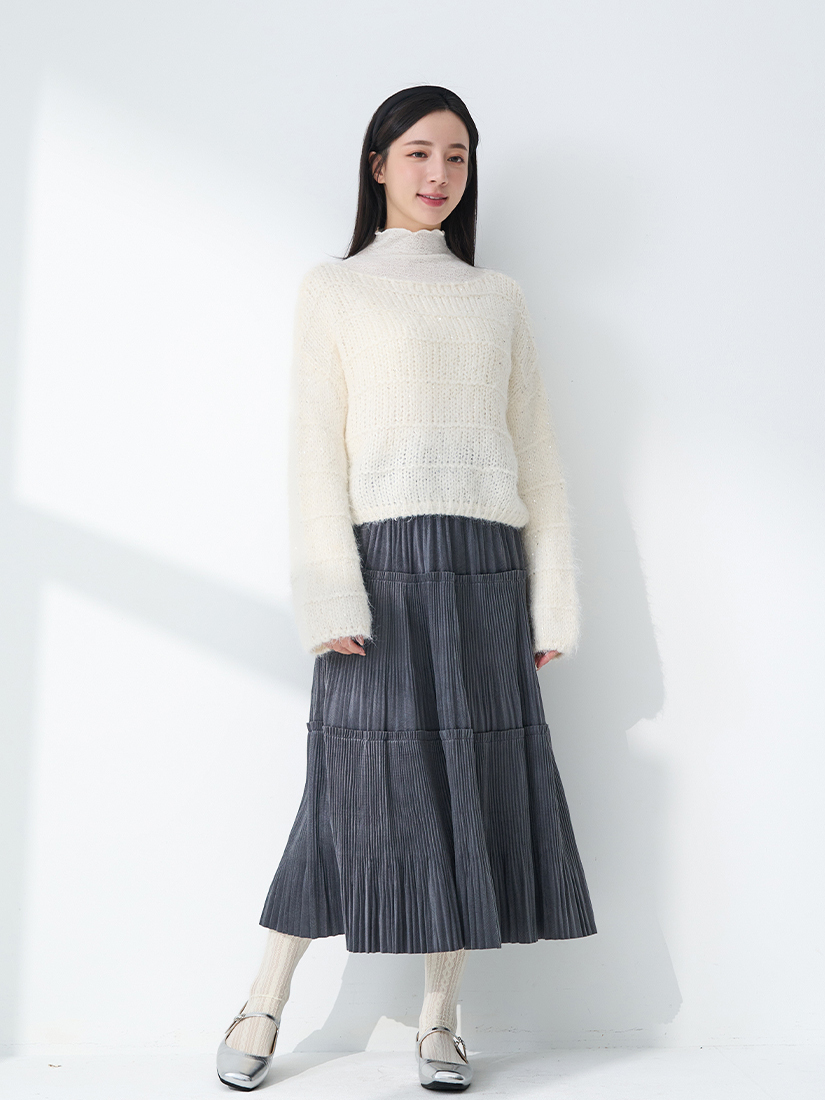混色亮片紗毛衣蕾絲內搭上衣光澤紋理感長裙組合