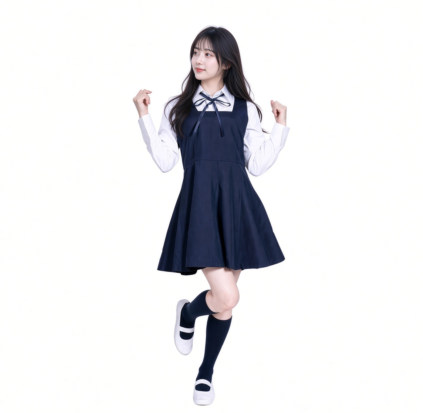 日本 A&T Collection 日系學院風 JK 制服 Cosplay 三件套，白色長袖恤衫配深藍背心裙及蝴蝶結，香港觀塘門市現貨