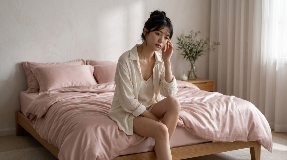 女性坐床邊按太陽穴_白襯衫米睡衣_粉寢具
