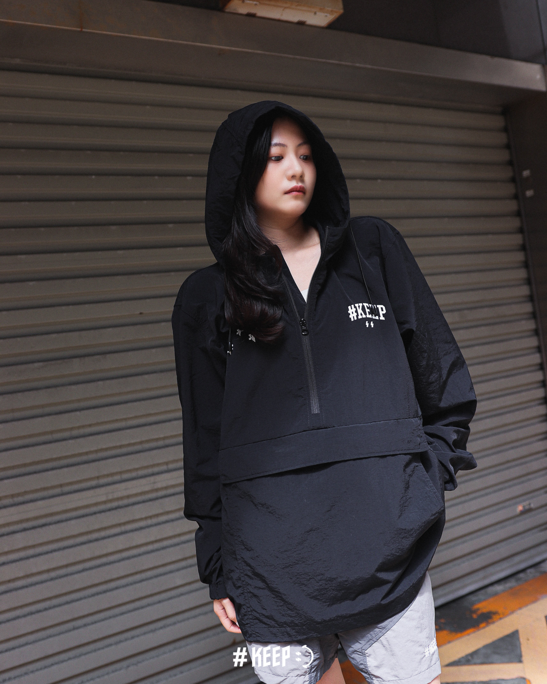 #KEEP HALF-ZIP HOODED WINDBREAKER 星芒 輕量半拉鍊連帽 衝鋒外套 黑色 閃電 防風 機能 外套【KS370】