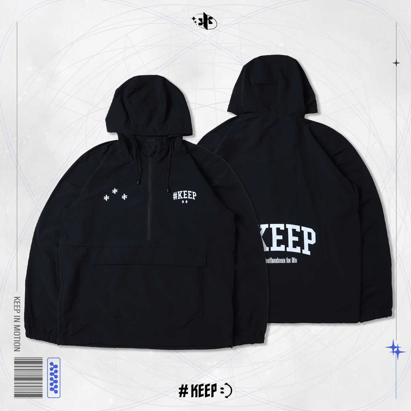 #KEEP HALF-ZIP HOODED WINDBREAKER 星芒 輕量半拉鍊連帽 衝鋒外套 黑色 閃電 防風 機能 外套【KS370】