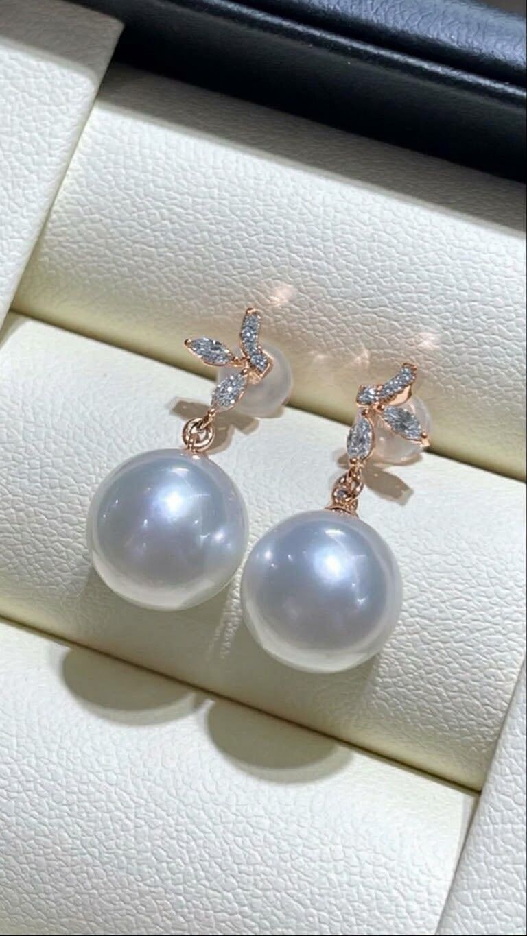 18K Rose Gold Natural Diamond Akoya Pearl  Earrings