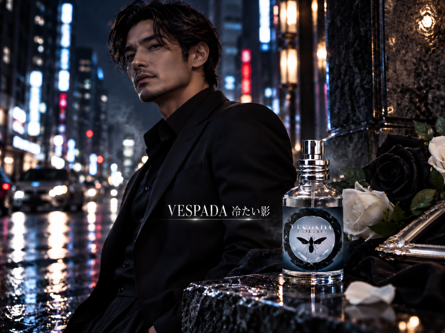 FINCA VESPADA 冷たい影 男香情境圖,成熟男子身穿黑色西裝置身東京雨夜,展現煙燻木質與皮革香氣的冷峻魅力。