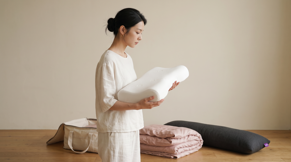 女性手捧記憶枕檢視_地上寢具收納袋