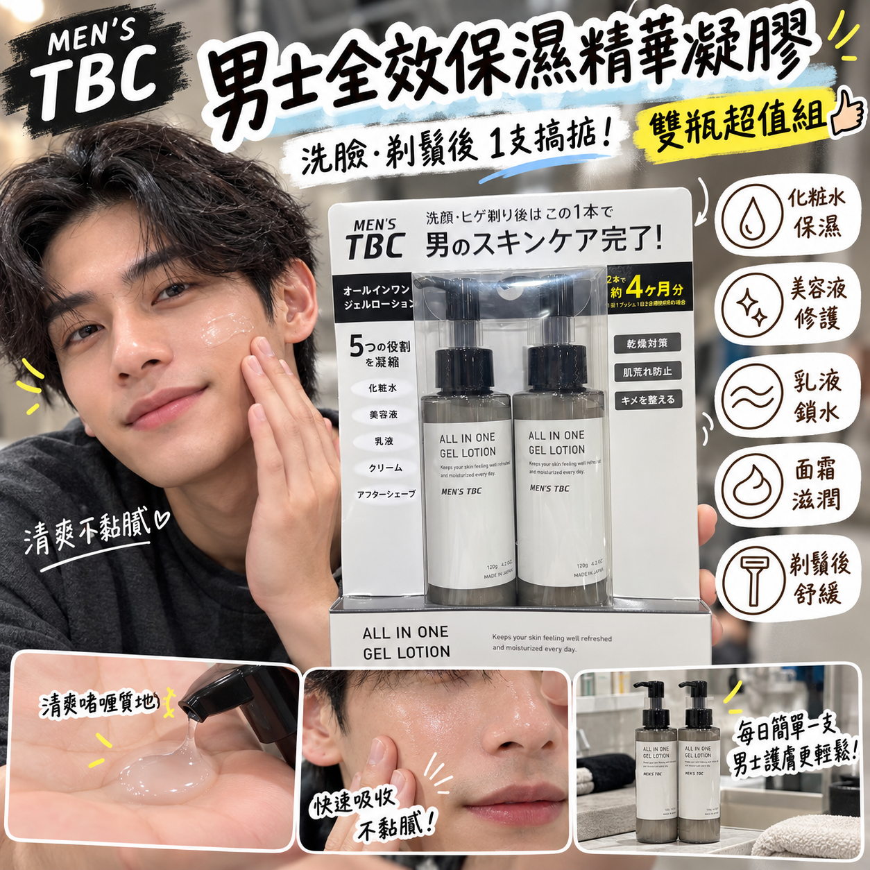 【預購】JM101208 MEN'S TBC 多功能全效保濕精華凝膠 (雙瓶超值組)