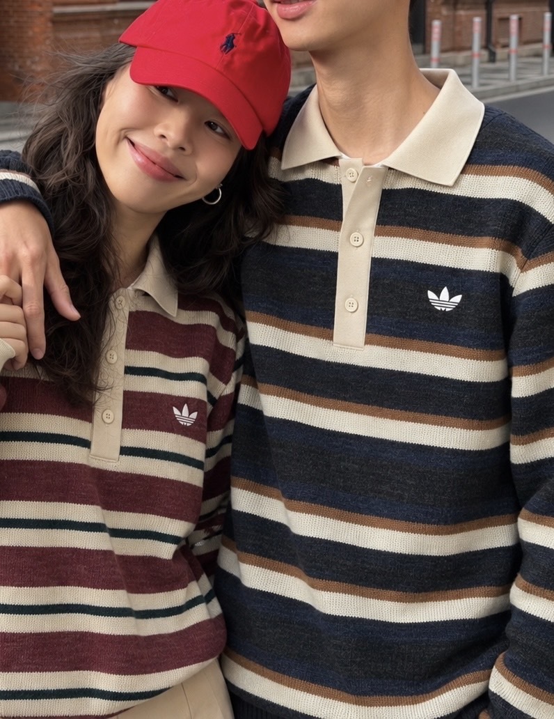 <美式復古情侶衣🤎> Adidas 復古條紋針織長袖 POLO衫