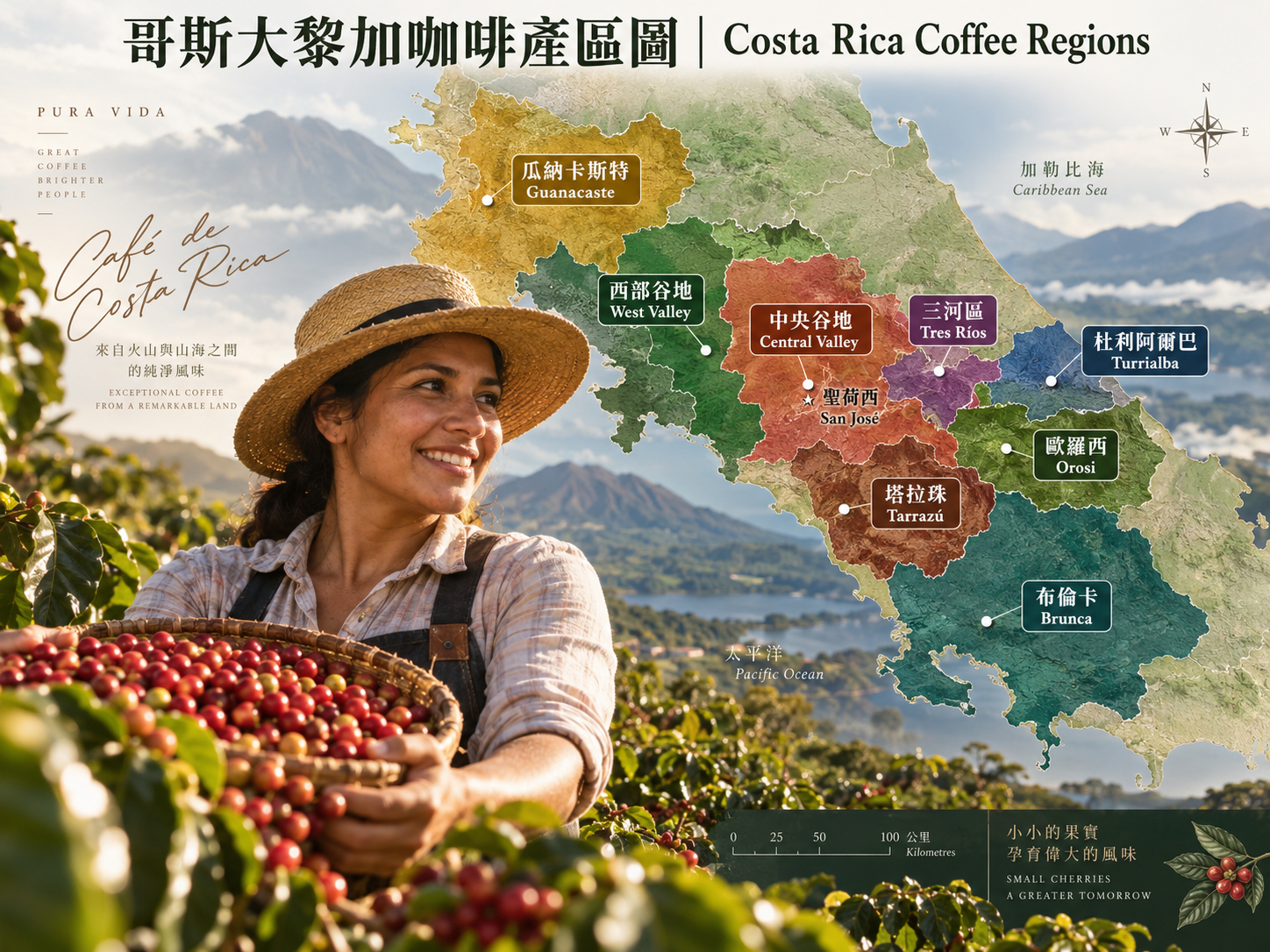 哥斯大黎加塔拉珠咖啡產區,高海拔咖啡農於晨光中手工採收成熟紅色咖啡果實