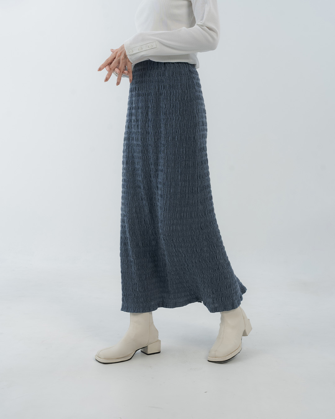 Water ripple texture elastic straight long skirt - blue【03021820】in stock+pre-order