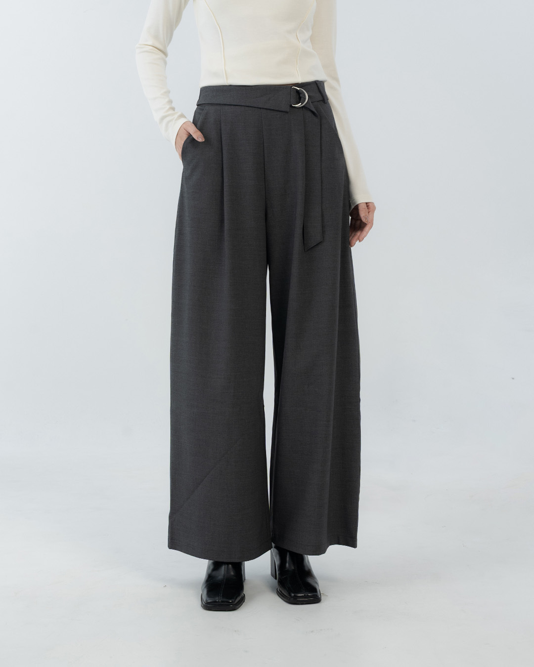 Simple belted tailored suit trousers - gray, S/M/L【04030538】in stock+pre-order