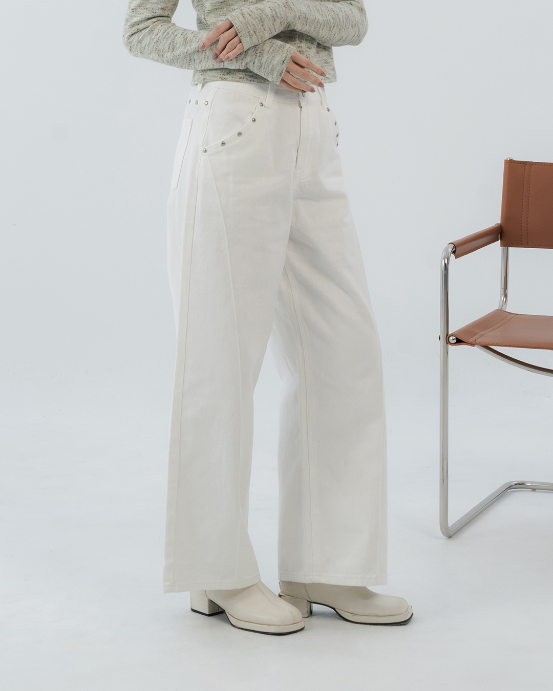 Button-up detail twill trousers - white S/M/L【04102098】in stock+pre-order