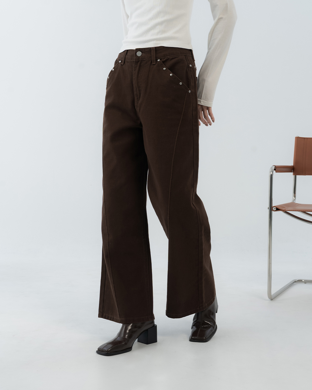 Button-up detail twill trousers - coffee S/M/L【04102099】in stock+pre-order