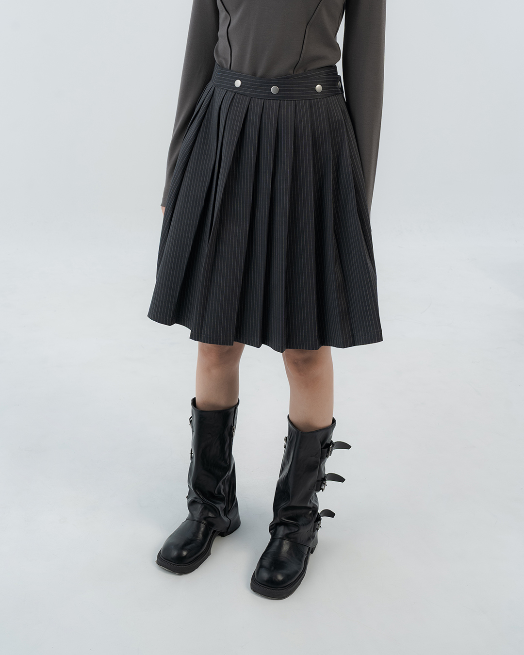 Striped metal-buttoned pleated midi skirt S/M/L【03030277】in stock+pre-order