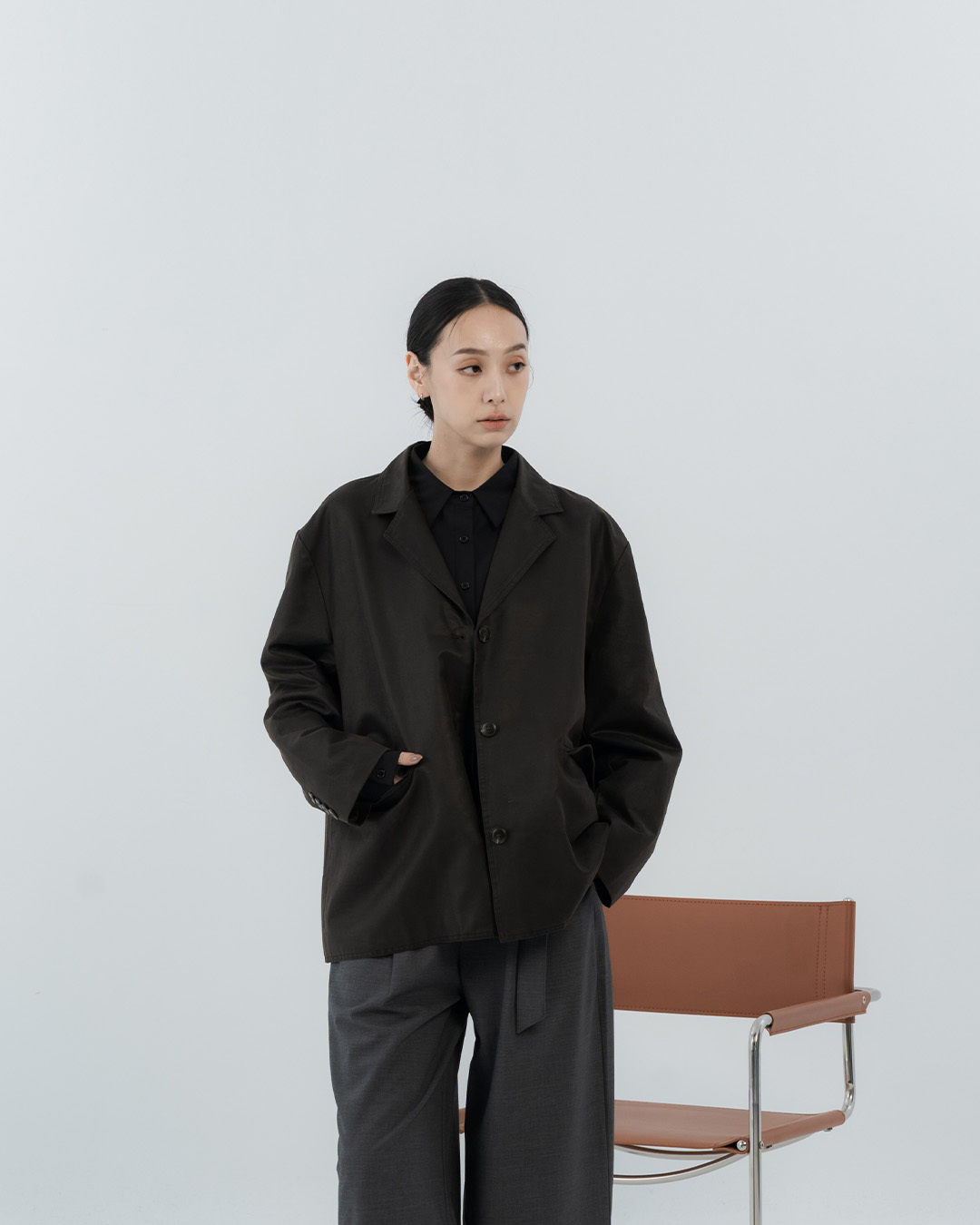 Distressed suede suit jacket with lapel - dark brown【02030591】in stock+pre-order