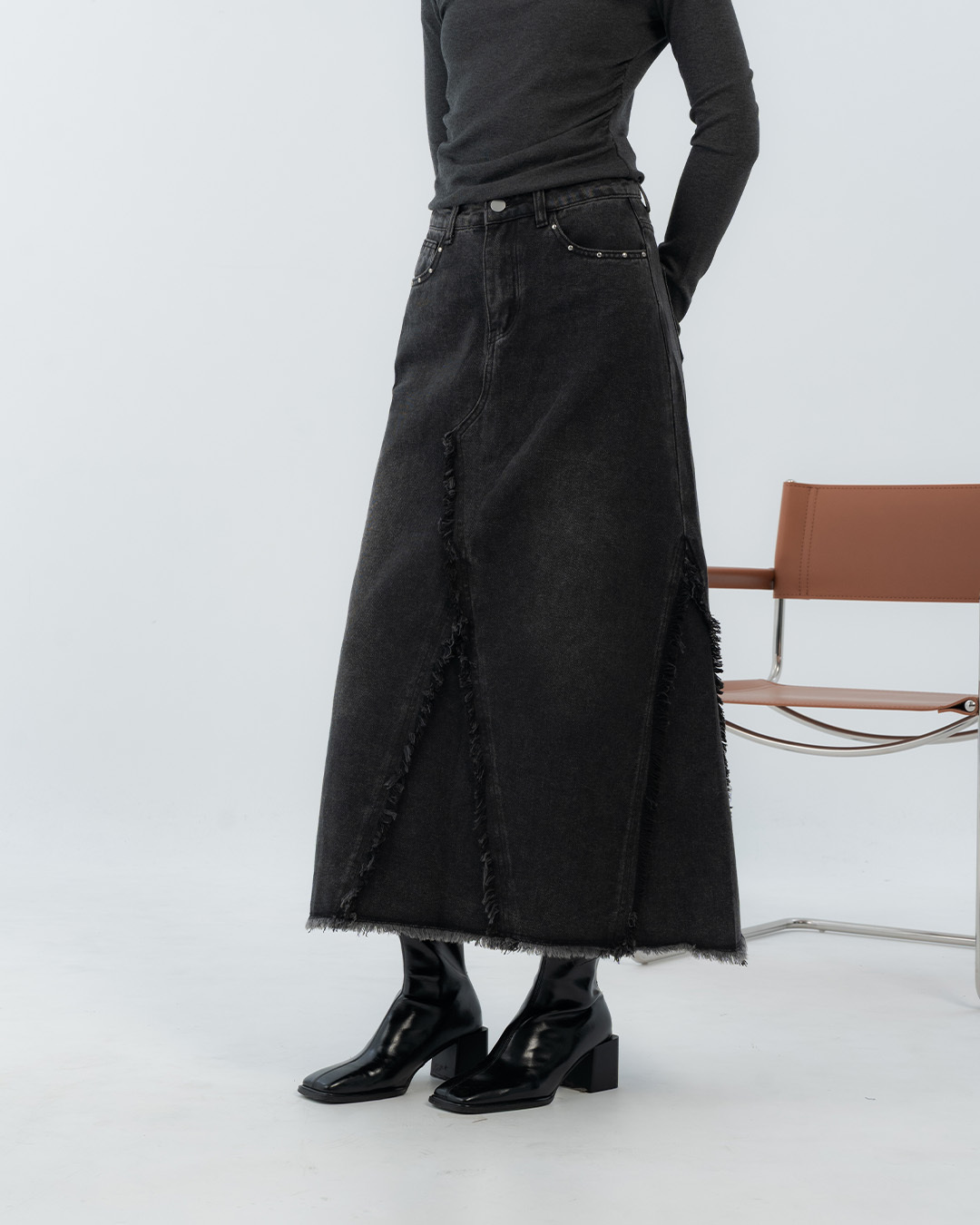 Vintage washed fringed denim maxi skirt, S/M【03021803】in stock+pre-order