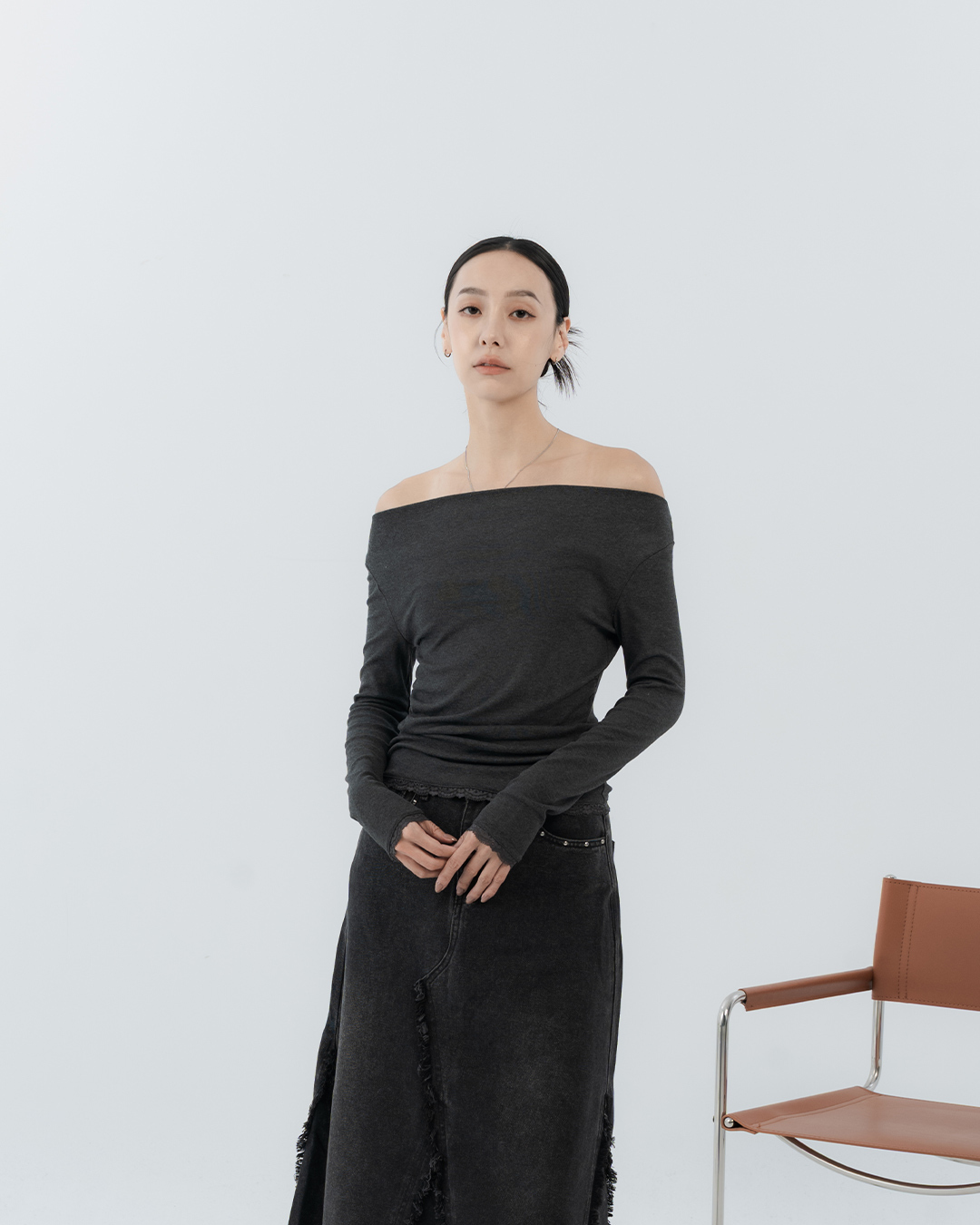 Lace-trimmed, ruched, multi-wear flat-neck long-sleeved top - dark gray【01200109】in stock+pre-order