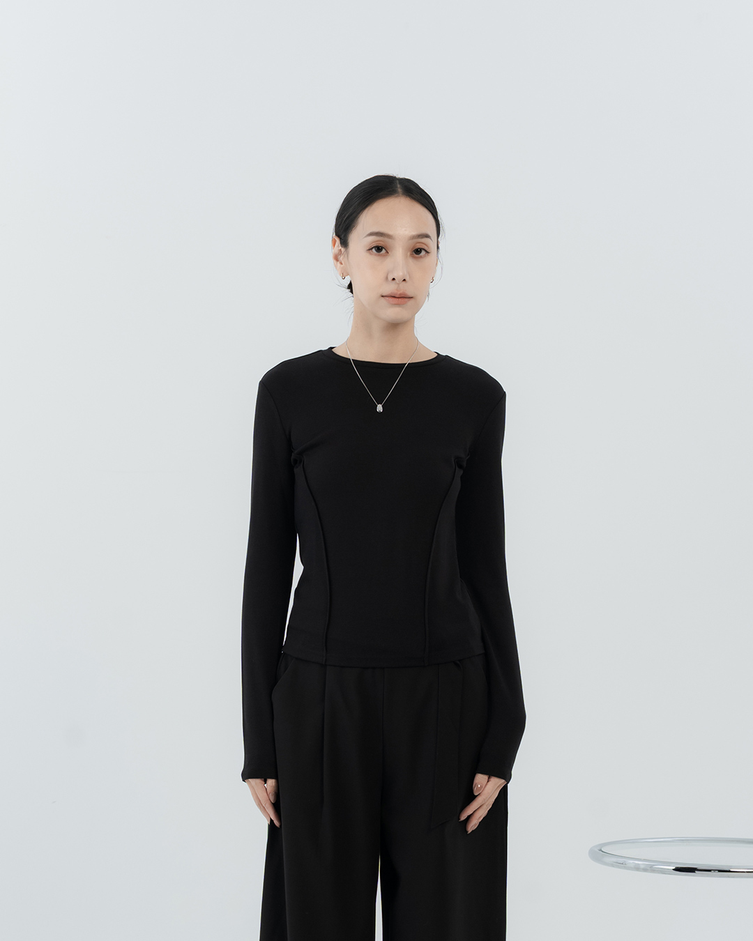 Fitted Crew-Neck Top with Waist Seam – Black【01200094】in stock+pre-order