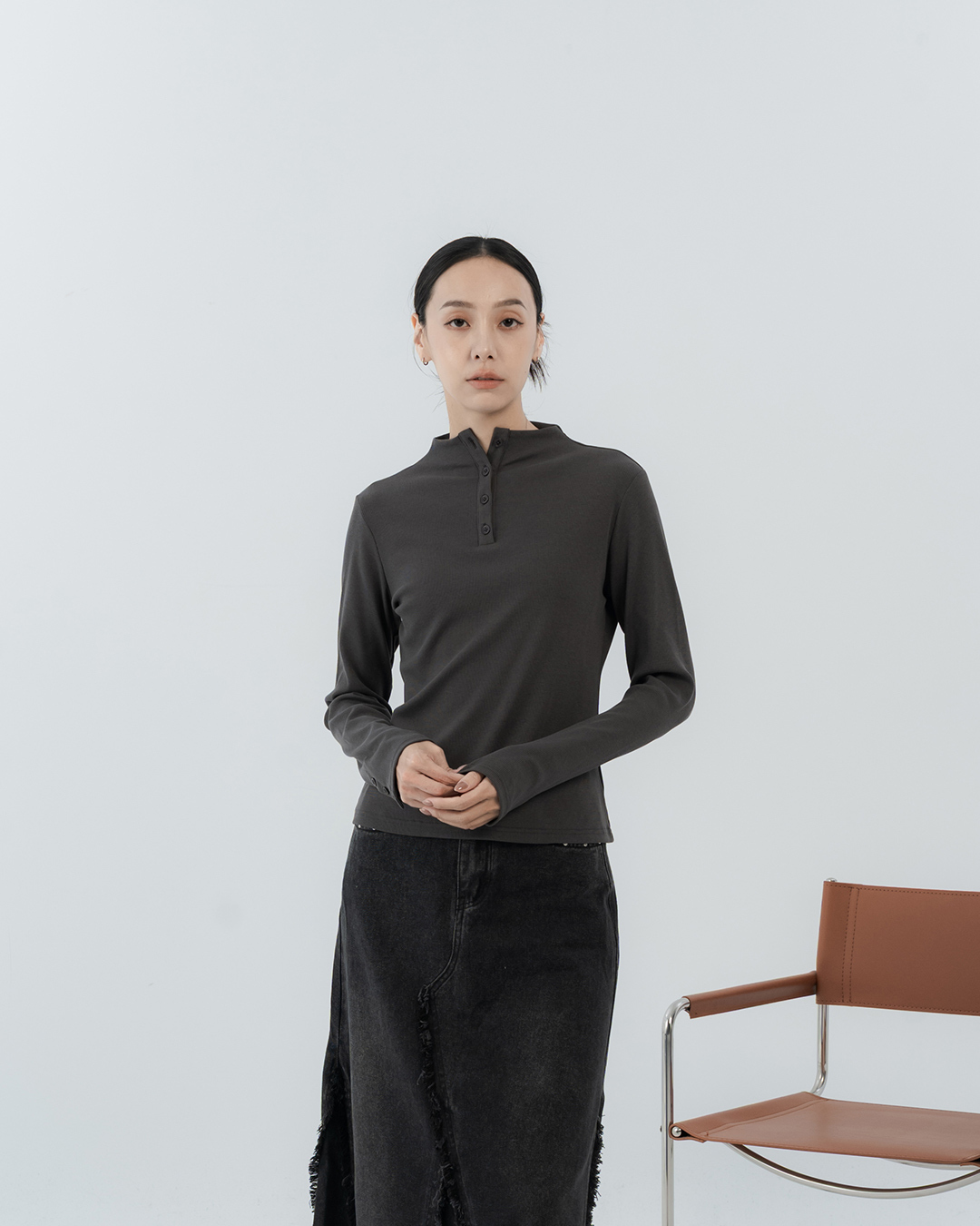 Dark Grey Fitted High-Neck Top with Partial Button Placket【01200089】in stock+pre-order