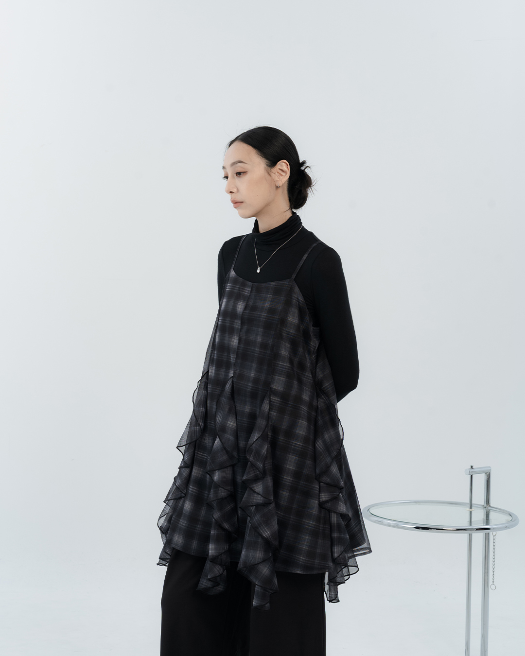 Retro plaid mesh irregular cut short dress - black【01087384】in stock+pre-order