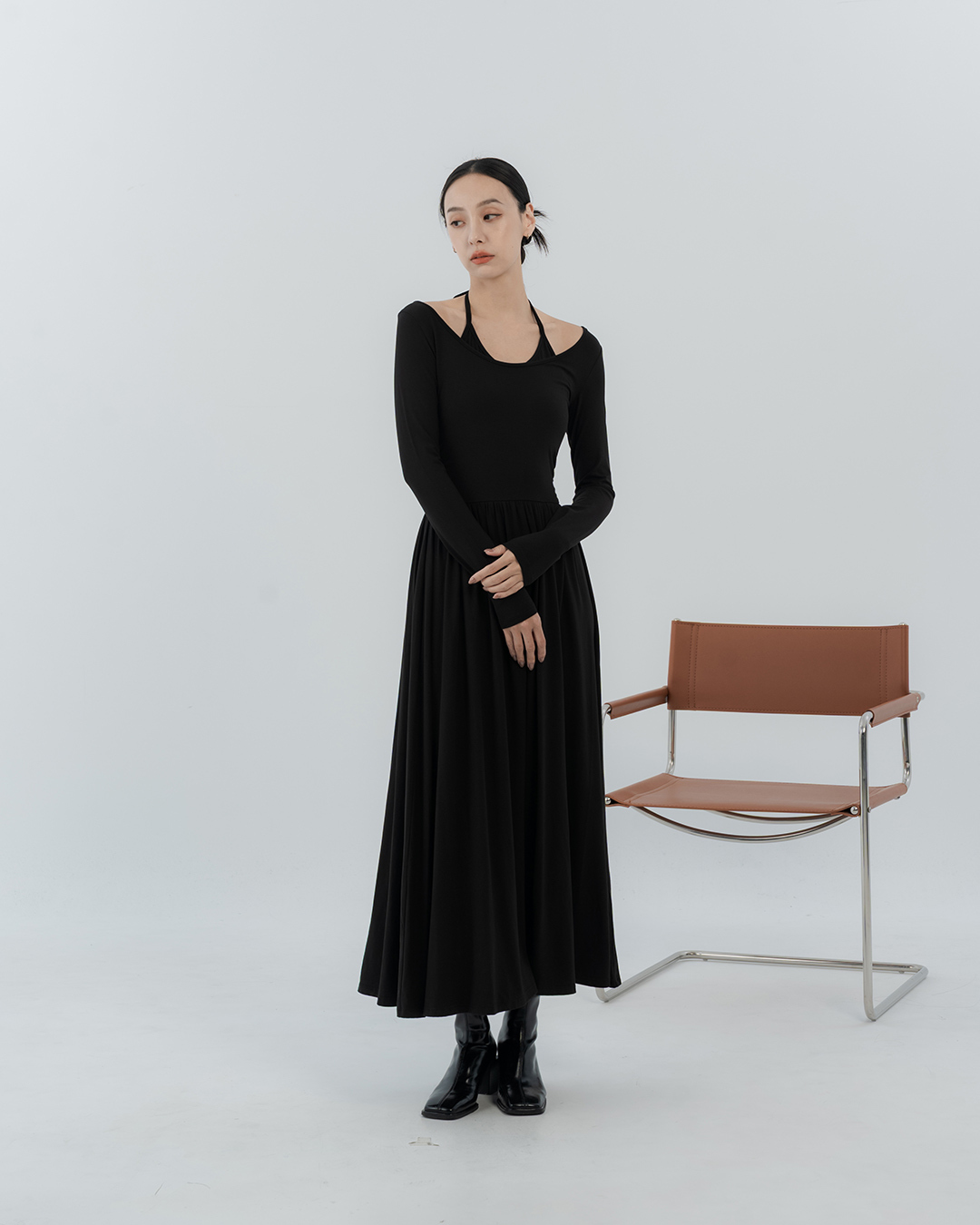 Faux two-piece ruched halter neck long-sleeved dress【01087377】in stock+pre-order