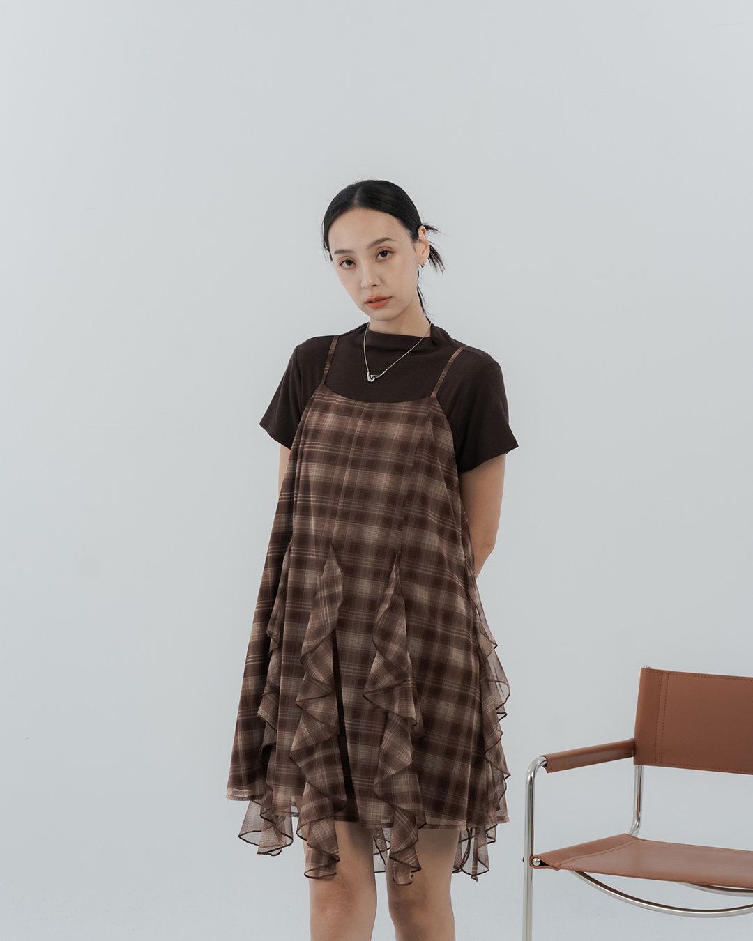 Retro plaid mesh irregular cut short dress - coffee【01087385】in stock+pre-order