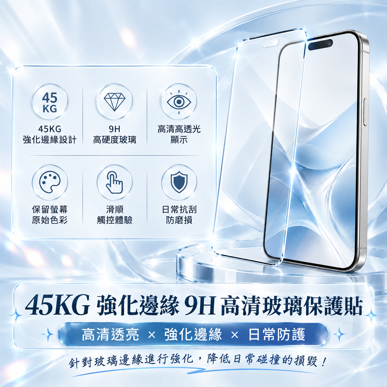 45KG 強化邊緣 9H 高清玻璃貼｜高清透亮・抗刮耐磨 iPhone 18 / iPhone 17 / iPhone 16 / iPhone 15 系列