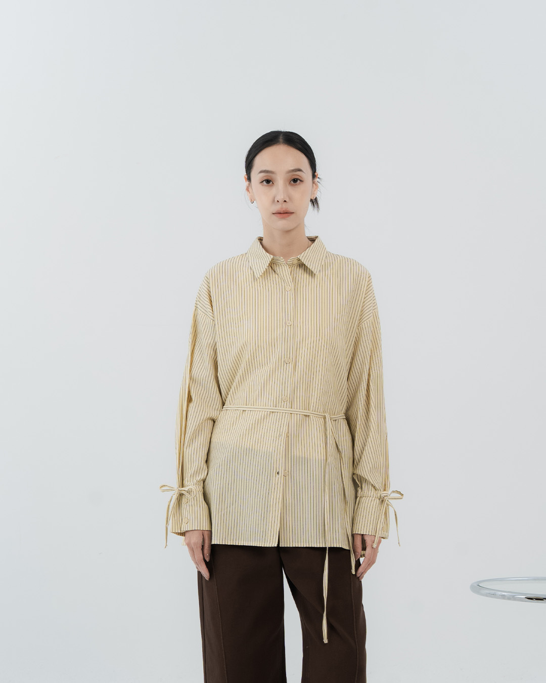 Striped-Sleeve Drawstring Shirt with Ties – Yellow【01025889】in stock+pre-order