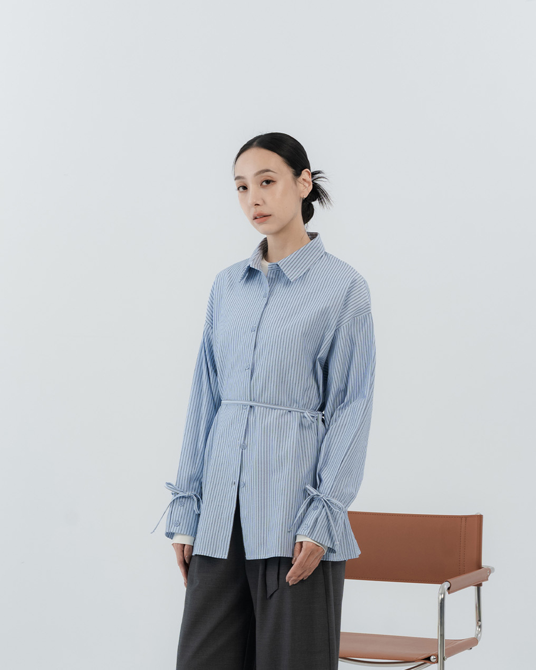 Striped Sleeve Drawstring Shirt with Ties - Blue【01025888】in stock+pre-order