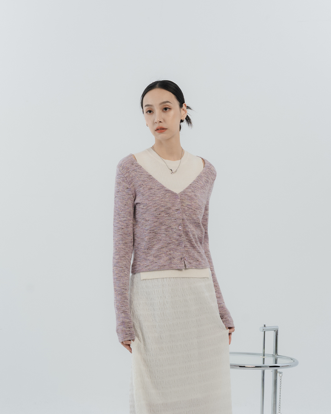 Floral V-neck button-down knit long-sleeved top - Purple【01013548】in stock+pre-order