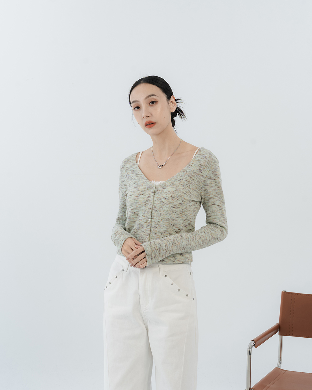 Floral V-neck button-down knit long-sleeved top - Green【01013549】in stock+pre-order