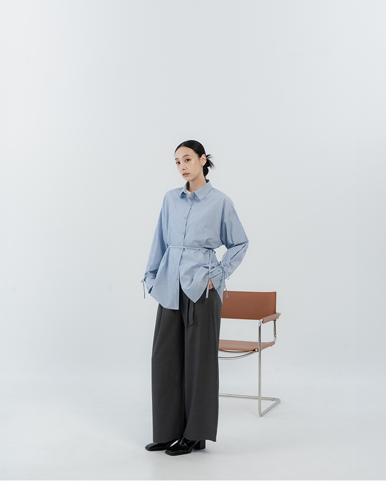 Striped Sleeve Drawstring Shirt with Ties - Blue【01025888】in stock+pre-order