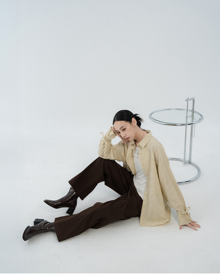 Striped-Sleeve Drawstring Shirt with Ties – Yellow【01025889】in stock+pre-order