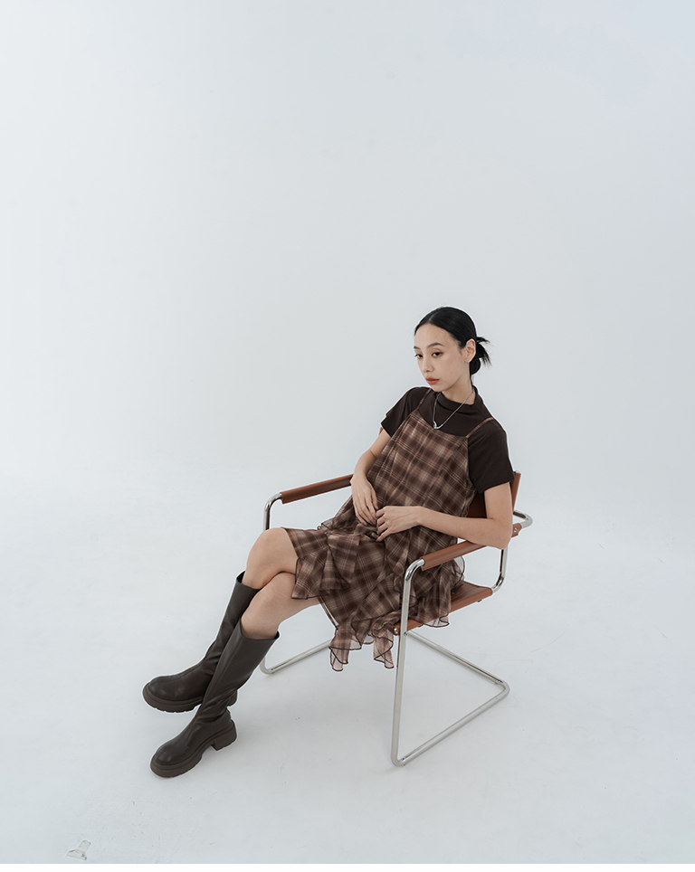 Retro plaid mesh irregular cut short dress - coffee【01087385】in stock+pre-order